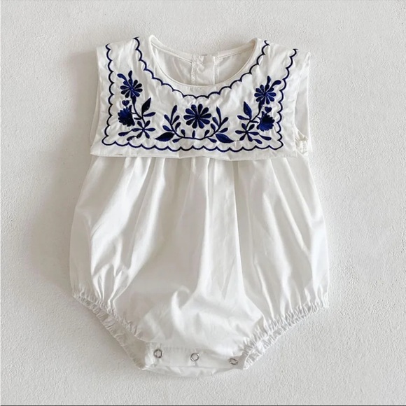 Embroidered blue white onesie size 3-6-M SOLD ON MERC - Picture 1 of 4